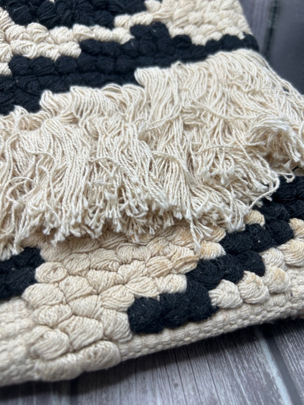 MANGO Boho Embroidered Clutch Bag Woven Cotton Macrame Fringe Black Off White - Picture 11 of 13